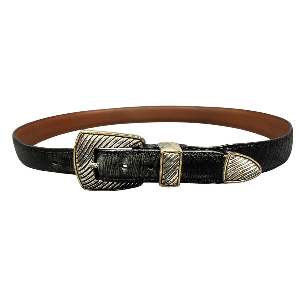 Onyx by Brighton Black Leather Croc Embossed Western Belt Silver Gold Buckle 26